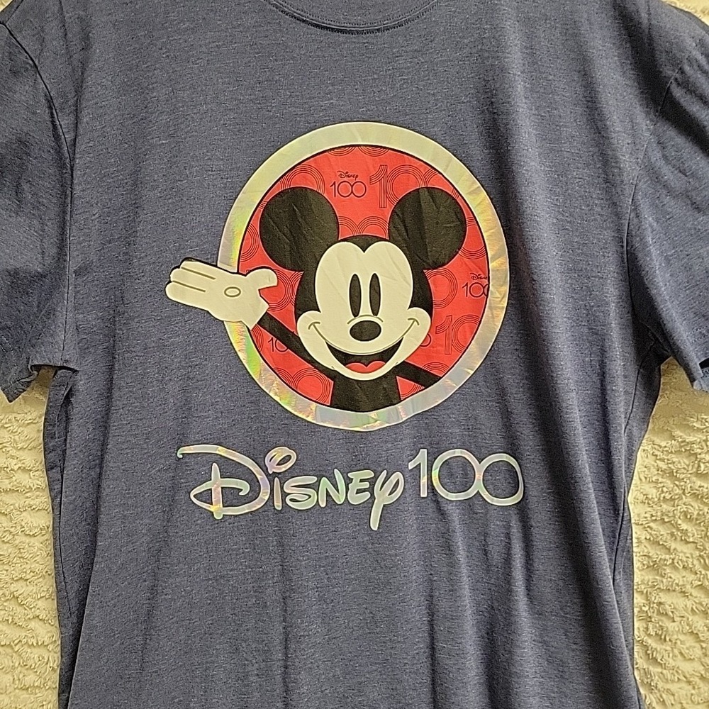 Disney Mickey Mouse T-Shirt Blue Size Large 100 Years of Wonder Holograph Design - Picture 2 of 9